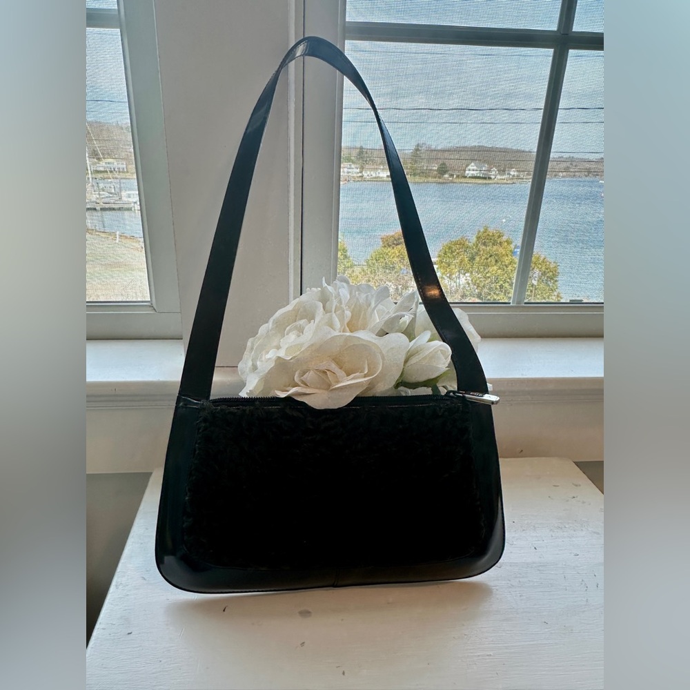FURLA black patent leather and lambswool shoulder bag EUC